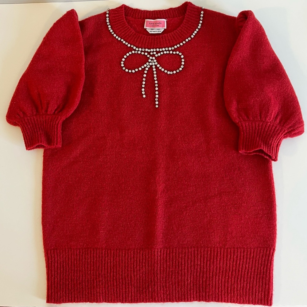 Kate Spade Red Wool Beaded Short Sleeve Size XXS Sweater